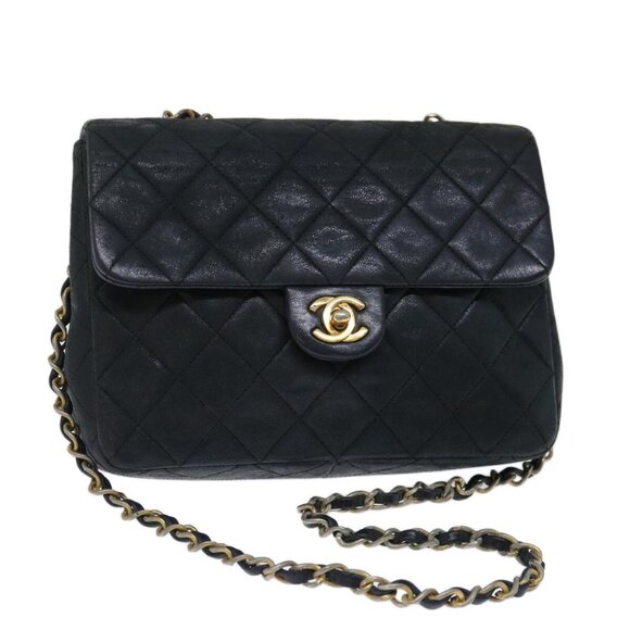 CHANEL Matelasse Chain Shoulder Bag Lamb Skin Black CC Auth 71178A - Picture 1 of 16